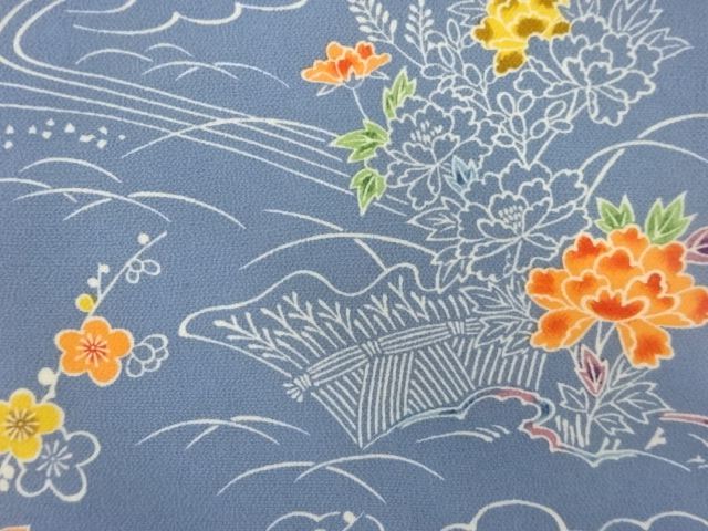  縮緬地柴垣に流水・草花模様名古屋帯